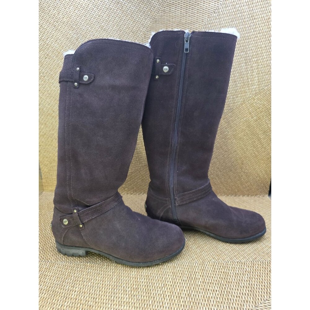 Ugg Brown Suede Leather Tall Zip Boots With Shearling Lining LogoSize 5 Womens‎